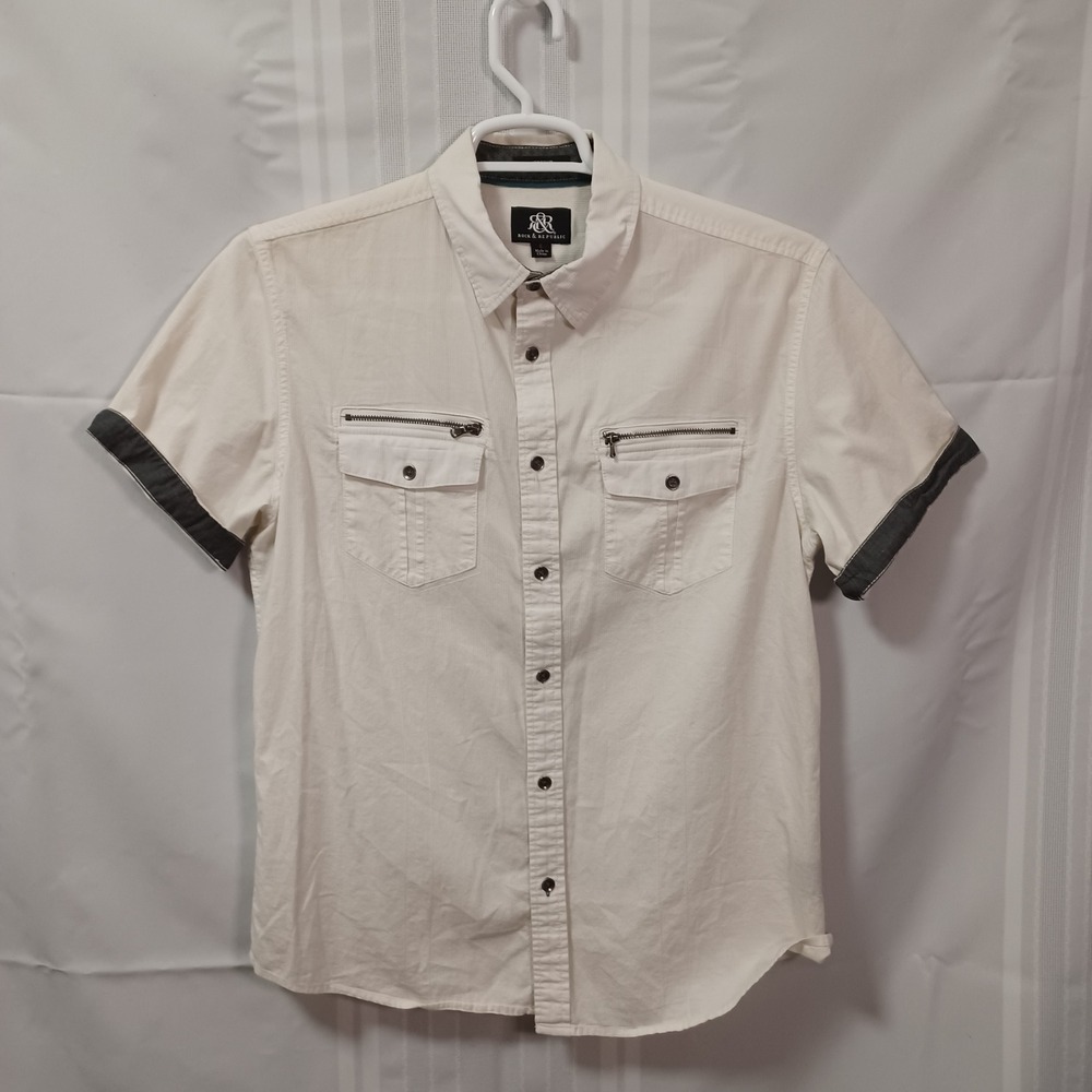 Rock & Republic Button Down Mens L White Short Sleeve Faux Zipper Stretch Shirt